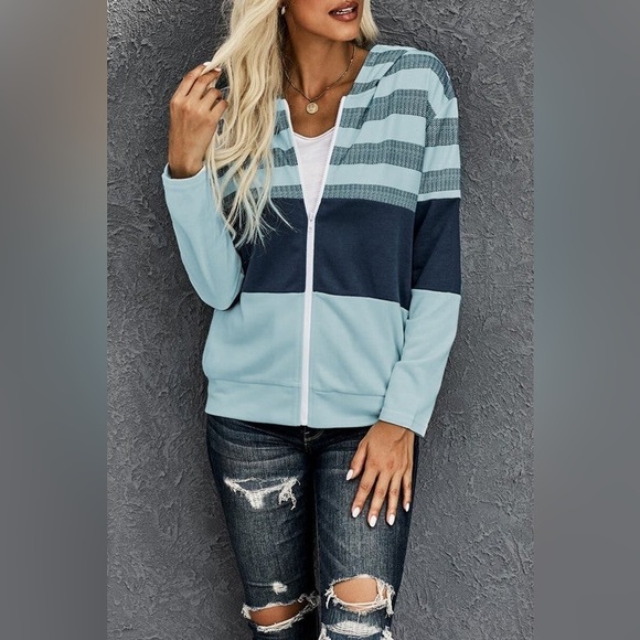 NWT aqua navy stripe zip up hoodie jacket size medium - Picture 4 of 6